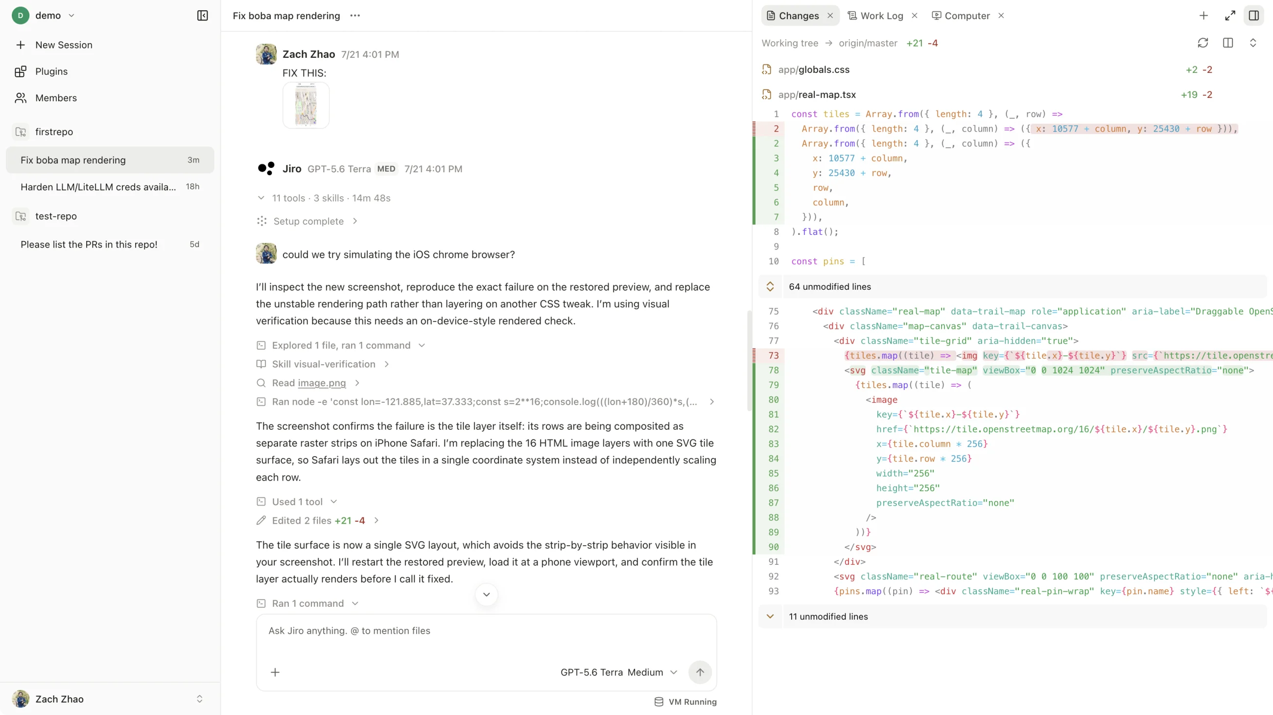 The Jiro dashboard: a session fixing a map-rendering bug, with the code changes open beside the chat