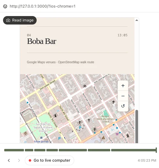 A Jiro session replay verifying its work in a real browser: reading the page it built and checking the map layout