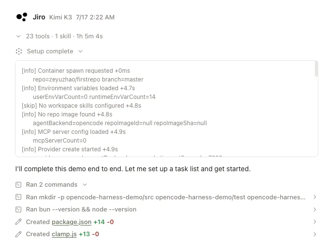 A Jiro session running autonomously: 23 tool calls over an hour, from container spawn to created files