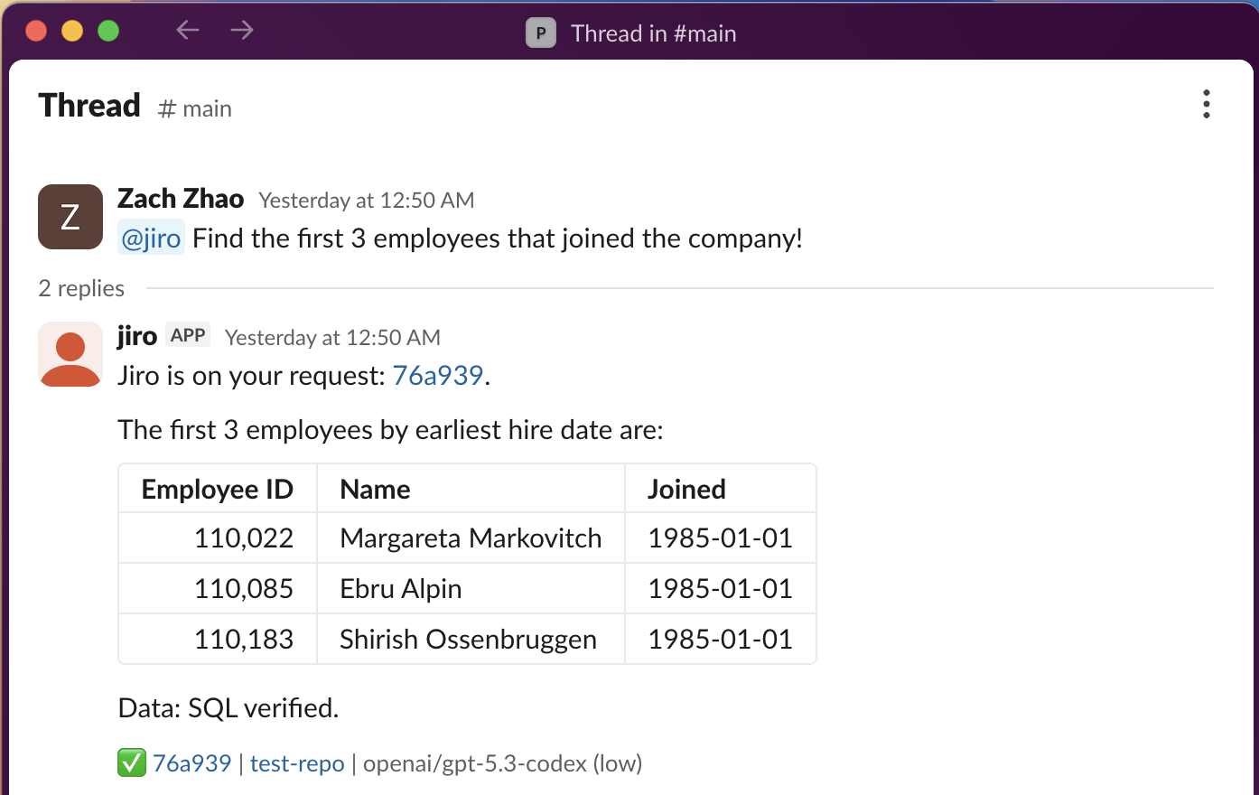 A Slack thread where Jiro answers a data question with a SQL-verified table
